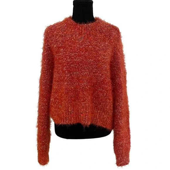 Free People Stardust Orange Pullover Knit Sweater Women's Small oversized shag - Picture 1 of 10